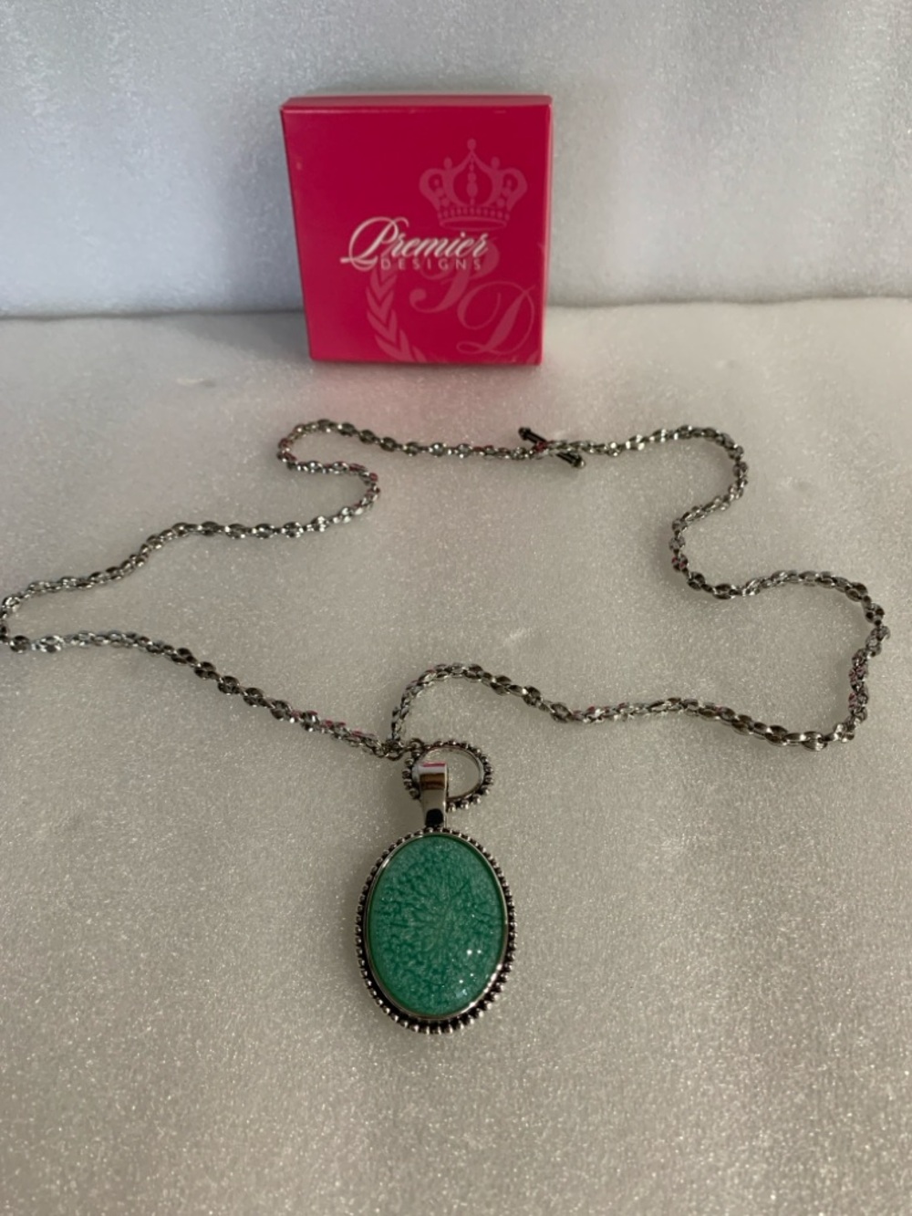Premier Designs Silver-Tone Necklace with Green Turquoise Oval Pendant